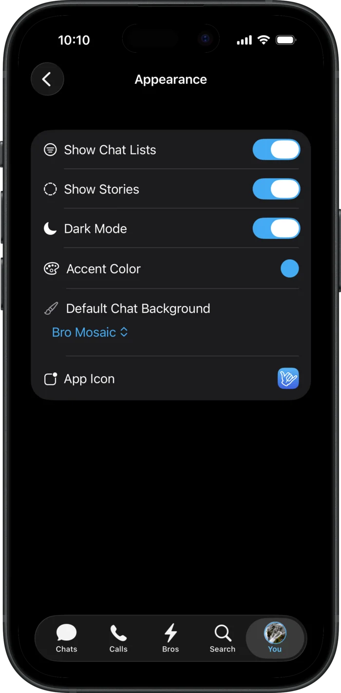 The Appearance settings screen with switches for chat lists, stories, and dark mode, plus accent colour, chat background, and app icon.