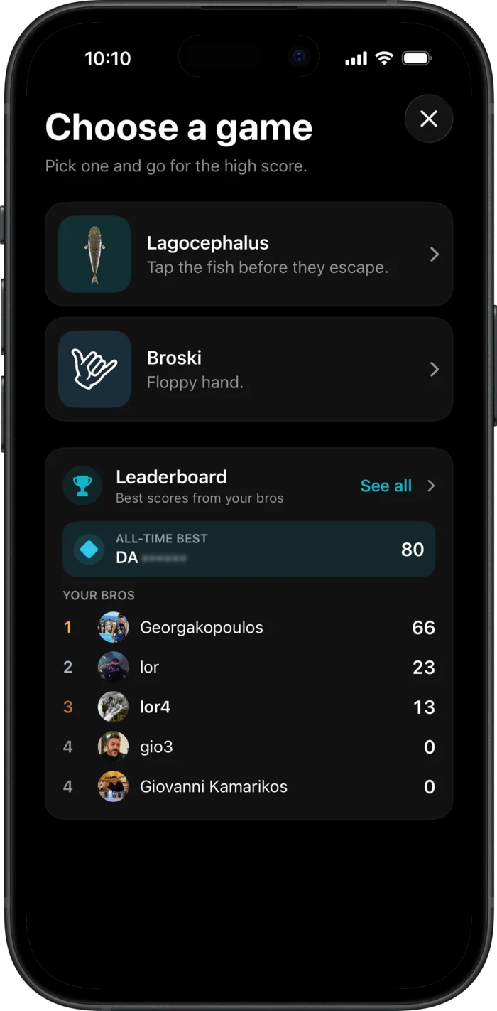 The Choose a game screen listing Lagocephalus and Broski above a leaderboard of scores from your bros.
