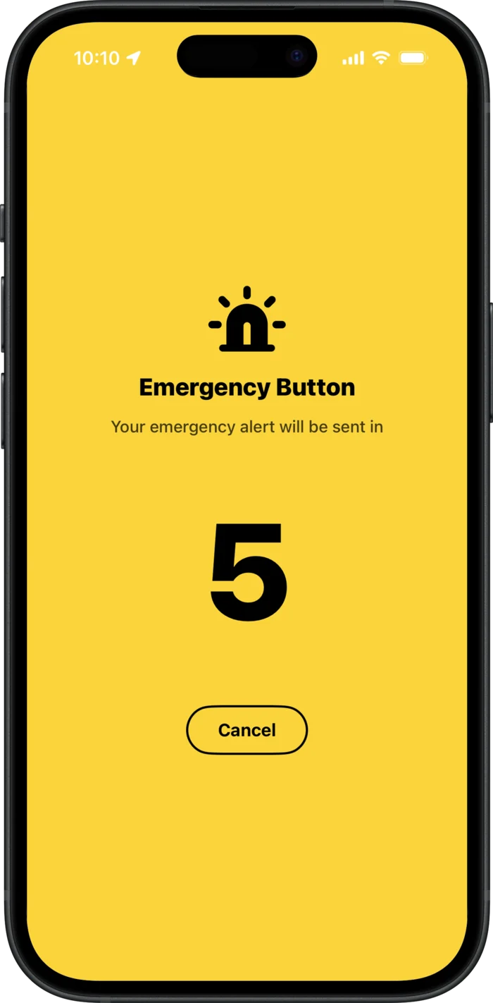 A full yellow Emergency Button screen counting down from five with a Cancel button.