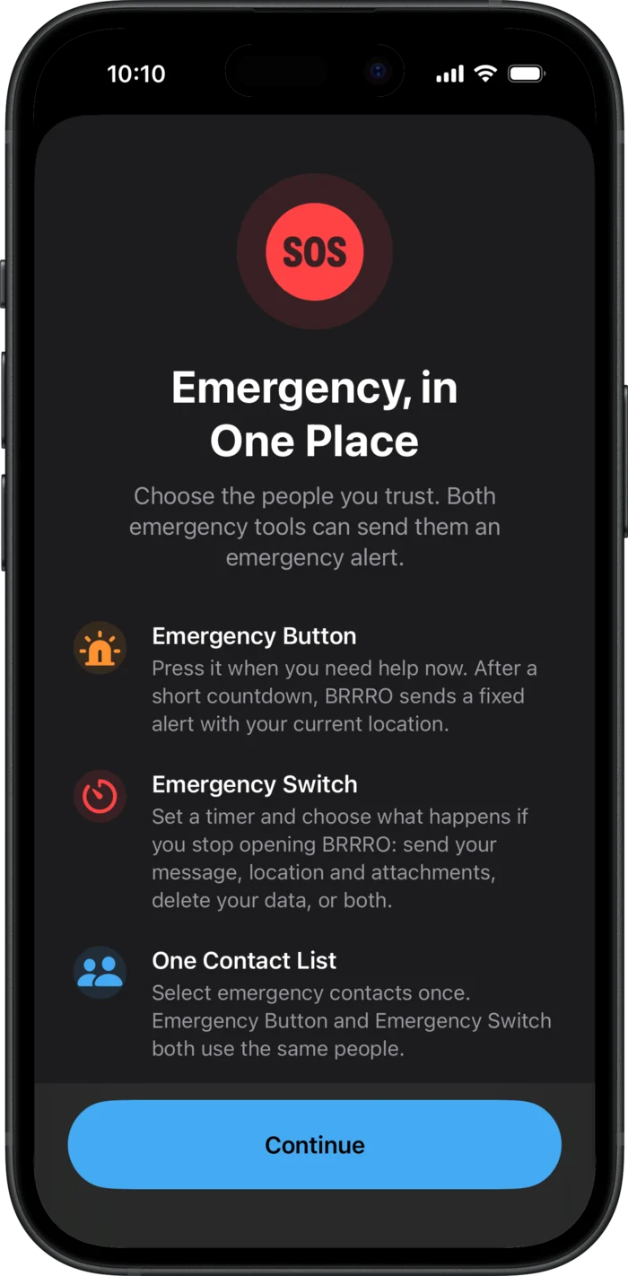 The Emergency, in One Place setup screen describing the Emergency Button, the Emergency Switch, and one shared contact list.