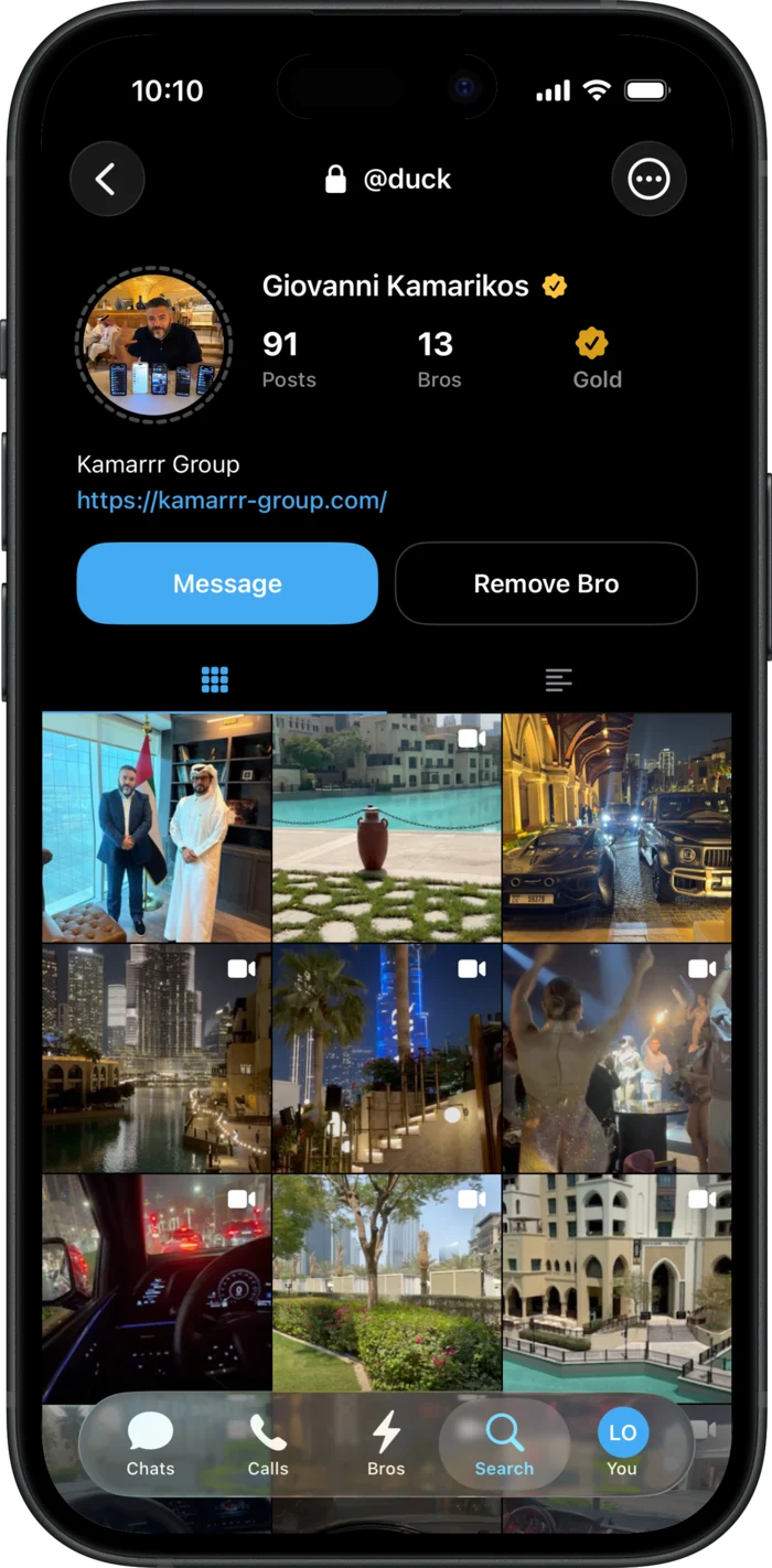 A Brrro profile showing posts, bro count, plan badge, and the Message button.