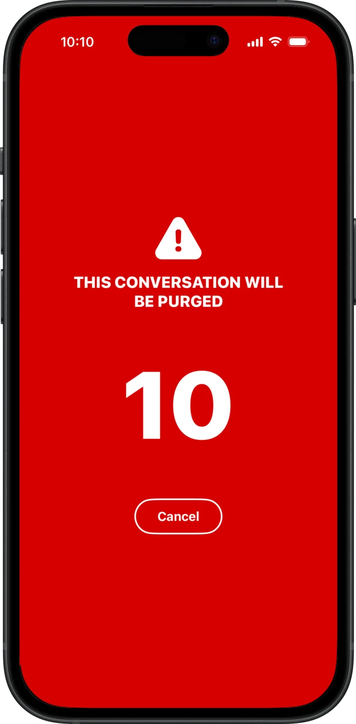 A full red screen warning that this conversation will be purged, counting down from ten with a Cancel button.