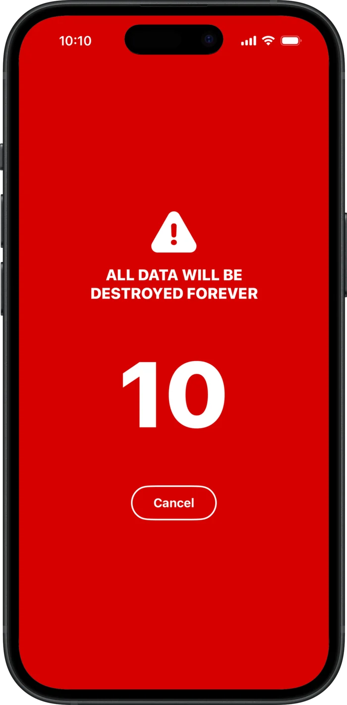 A full red screen warning that all data will be destroyed forever, with a ten-second countdown and a Cancel button.