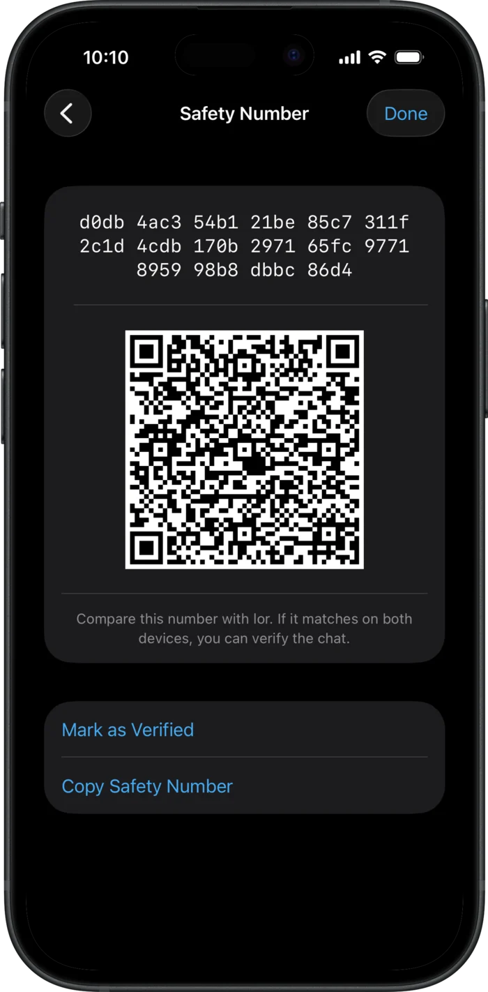 The Safety Number screen showing a long hexadecimal number, a QR code, and Mark as Verified.
