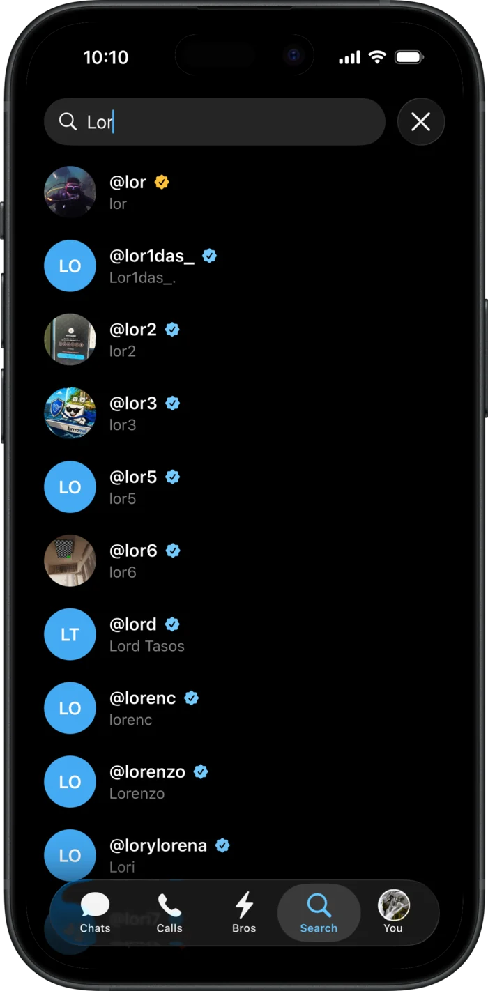 The Search tab with a partial username typed and a list of matching Brrro accounts.